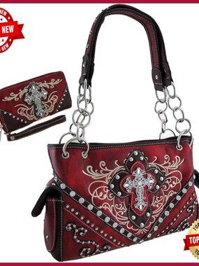 Western Embroidered Concealed Carry Satchel Purse Wallet Set Rhinestone